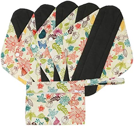 Reusable Menstrual Pads Cloth Reusable Sanitary Pads Organic Cotton Bamboo Charcoal Washable Mama Cloth Panty Liner 5 Pack 10 Inch Pads+1 Mini Wet Bag(Medium, Dynamic, Love of Butterfly)