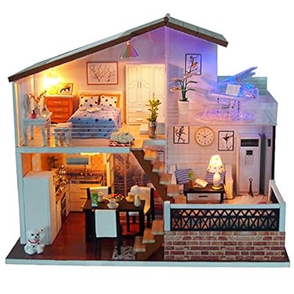 Takefuns Dollhouse Miniature with Furniture, DIY Wooden Dollhouse Kit for Kids Girls Toddler Boy (with Tools and Glue )
