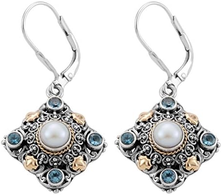 Artisanica 18 Karat Yellow Gold And Sterling Silver Blue Topaz Freshwater Pearl Dangle Earrings