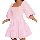 Misng Women Puff Half Sleeve Square Neck Mini Dresses Elastic Waist Elegant Summer Casual Ruffles Dress