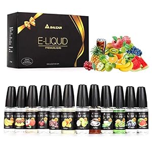 Salcar E-Liquid für E-Zigarette (0,0 mg Nikotin) 12er Pack (12 x 10 ml) Apple, Pineapple, Banana, Blueberry, Orange, Peach, Grape, Watermelon, Cherry, Kiwi-smoothie, Grüner tee, Kaffee