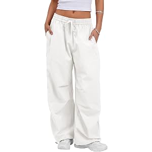 Fisoew Womens Wide Leg Barrel Pants Casual Baggy Drawstring Loose Hiking Track Pants with Pockets