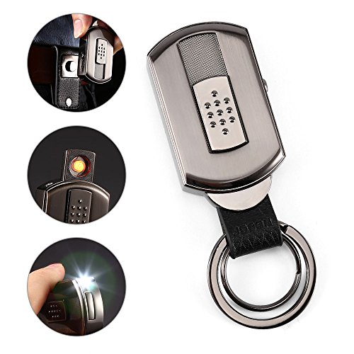 Key Chain Flashlights with Flameless Windproof Electric Cigarette Lighter, LED Light, Leather Belt Loop and Magnet Bolt Snap Key Holder with Charging Cable, 2 Key Rings and Gift Box