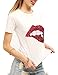 Women's Sequined Sparkely Glittery Lip Print T Shirt Cute Embroidery Teen Girls Tops (S,White)