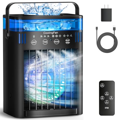 Portable Air Conditioner, Mini Air Conditioner Portable Cooling Fan with Remote Control, 3 Wind Speed & 3 Mist Level & 2-8H Timer Evaporative Air Cooler for Home Office Room, Black