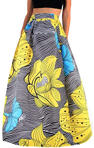 Novia's Choice Women African Floral Print Pleated High Waist Maxi Long A-Line Skirt(Big Yellow Flower M) - Thumbnail 7
