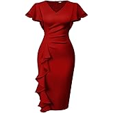 Memoriesea Women's Sexy V Neck Ruffle Short Sleeve Bodycon Cocktail Work Midi Dress