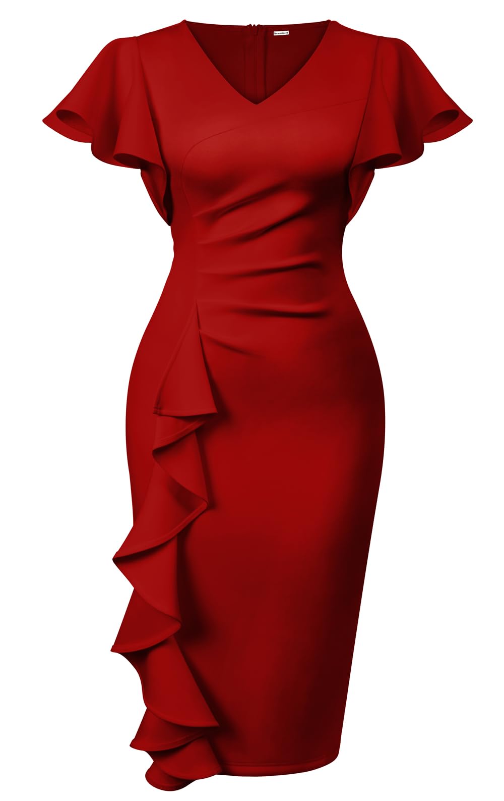 Photo 1 of Memoriesea Women's Sexy V Neck Ruffle Short Sleeve Bodycon Cocktail Work Midi Dress Red