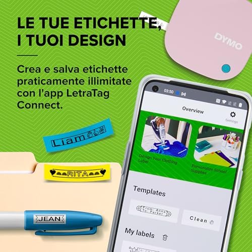 LetraTag 200B kit per etichettatrice rosa con Bluetooth | etichettatore compatta si connette a iOS e Android tramite tecnologia wireless Bluetooth | Include 3 rotoli di etichette assortite
