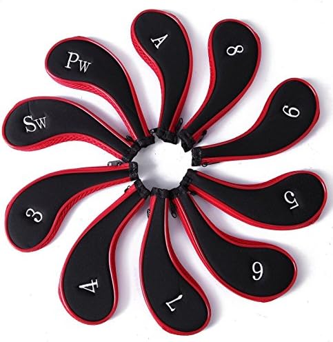 PLAYEAGLE 10 pcs/set Red/Black Neoprene Zippered Golf Club Head Covers Iron Headcovers for TaylorMade Callaway Titleist, Ping, Cobra, Nike, Etc.