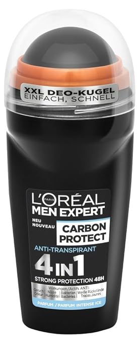 L'Oreal Men Expert Deo Roll-On Carbon Protect, 4in1 Schutz beim Sport gegen Schweiß, Geruch, Bakterien und weiße Rückstände (