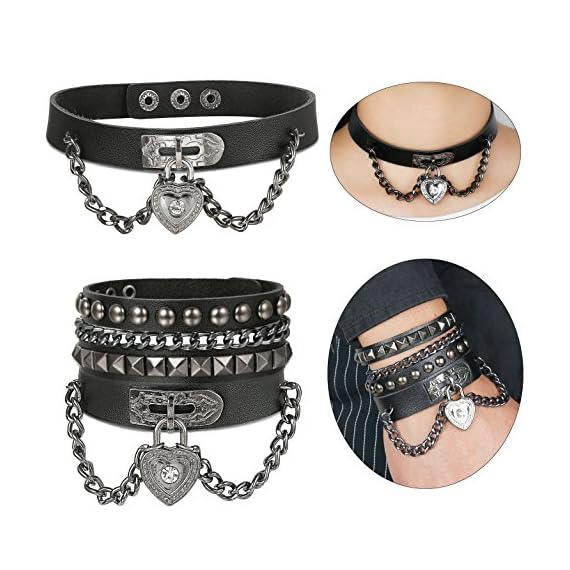 Finrezio-Unisex-Punk-Rock-Leather-Bracelet-and-Heart-Choker-Collar-Necklace-Set-for-Women-Men-3PCS-A-Choker-and-Bracelet-Set