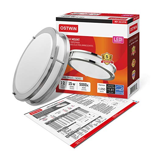 OSTWIN 12-inch Small size LED Ceiling Light Fixture Flush Mount, Dimmable, Round 15 Watt (75W Repl) 5000K Daylight, 1050 Lm, Nickel Finish with Acrylic shade (4 Pack) UL and ENERGY STAR listed