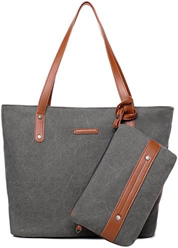 Mayma Womens 2 Pcs Oversized Canvas Shoulder Bags Top Handle Handbag Tote Purse Set (Gray)