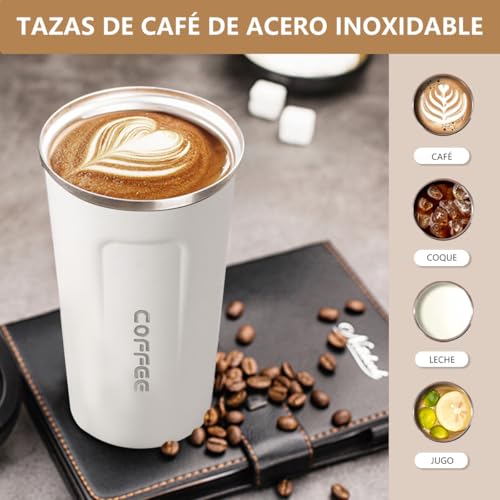 MXHIGO 2Pcs Termo Taza para Cafe de 510ml/18oz de Acero Inoxidable 304 con Tapa, Vaso Térmico de Café Frío y Caliente, Hermética Cero Derrames, Botella de Agua para Hogar, Oficina, Coche y Deportiva