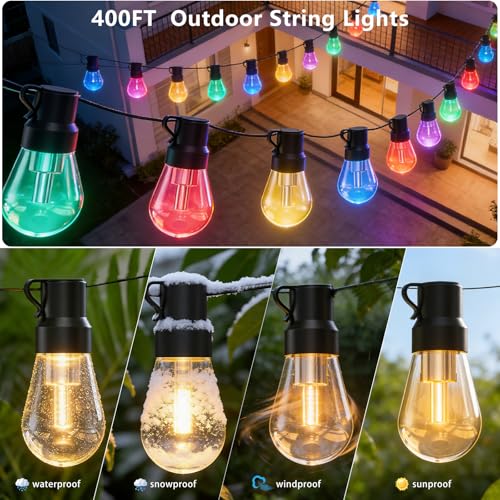 AILBTON 400FT RGB+IC Smart Outdoor String Lights, IP67 Waterproof LED Color Changing Clear Bulb String Lights with App & Remote Control, Shatterproof Hanging Patio Lights for Backyard Garden Party