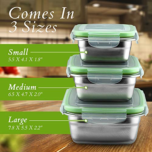 Klee Utensils Stainless Steel Food Containers - Set of 3 - Perfect Lunch/Food Storage Box High Durability, Reusable, Eco-Friendly, BPA-Free, Great for Outdoor/On the Go Healthy Snack/Side Meals