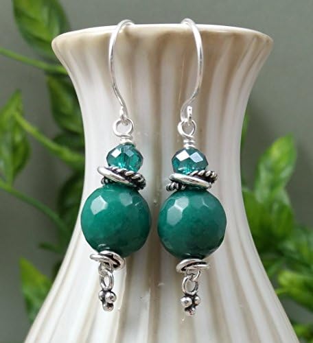 A Pair of Faceted Round Green Jade Gemstone Earrings with Swarovski Crystals Sterling Silver Earwires