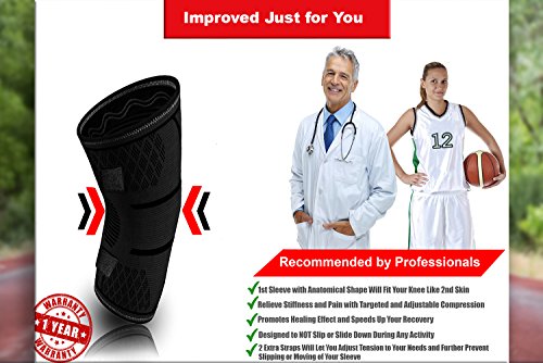Knee Brace Compression Sleeve with 2 Support Straps for Meniscus Tear, Arthritis, ACL, Running Recovery for Men & Women (Black, Medium)