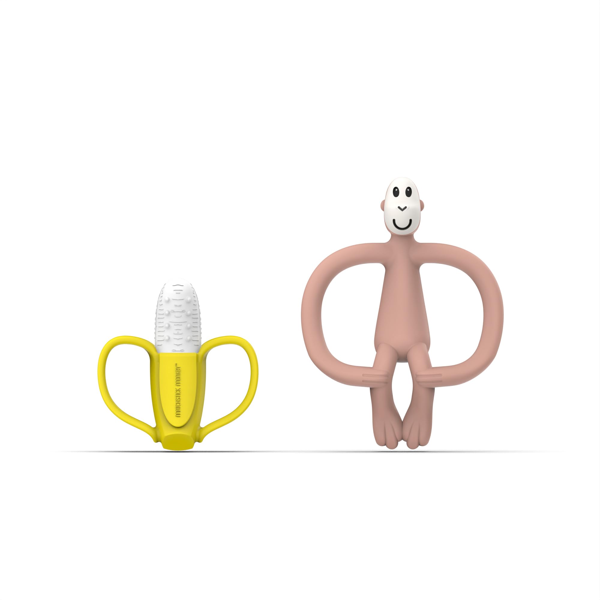 Matchstick Monkey, Antimicrobial Teething Gift Set - 1 Banana Shaped Soother and 1 Animal Teether, 3 Months Old+, Banana & Monkey - Dusty Pink