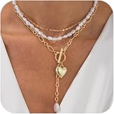 Layered Gold Puffy Heart Pendant Beaded Pearl Choker Necklace for Women, Dainty OT Buckle Paper Clip Chain Oval Pearls Y Necklaces Party Jewelry Gifts