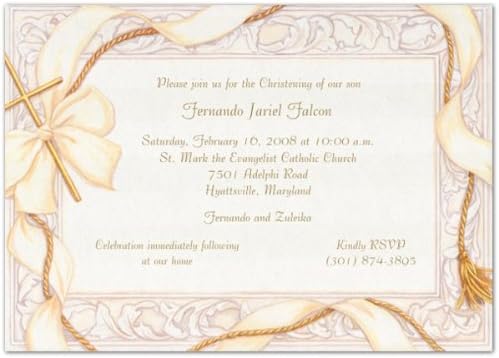 Ribbon and Gold Cross Baptism Christening Invitations - Set of 20