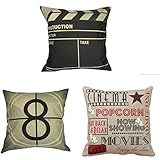 Movie Theater Cinema Personalized Cotton Linen Square Burlap Decorative Throw Pillow Case Cushion Cover 18 Inch (3 Pack)