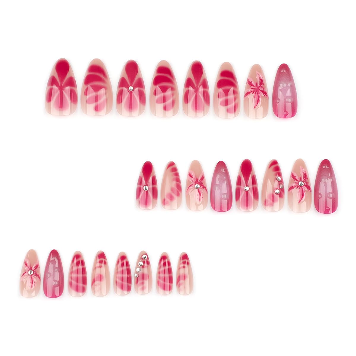 24 Pcs Fall Winter Press on Nails Short Almond - YEFIUO Pink Red Fake Nails Press ons French Nail Art Tip Full Cover Acrylic False Nails Glue on Nails Kit with 3D Red Flowers Floral Design for Women - Image 4