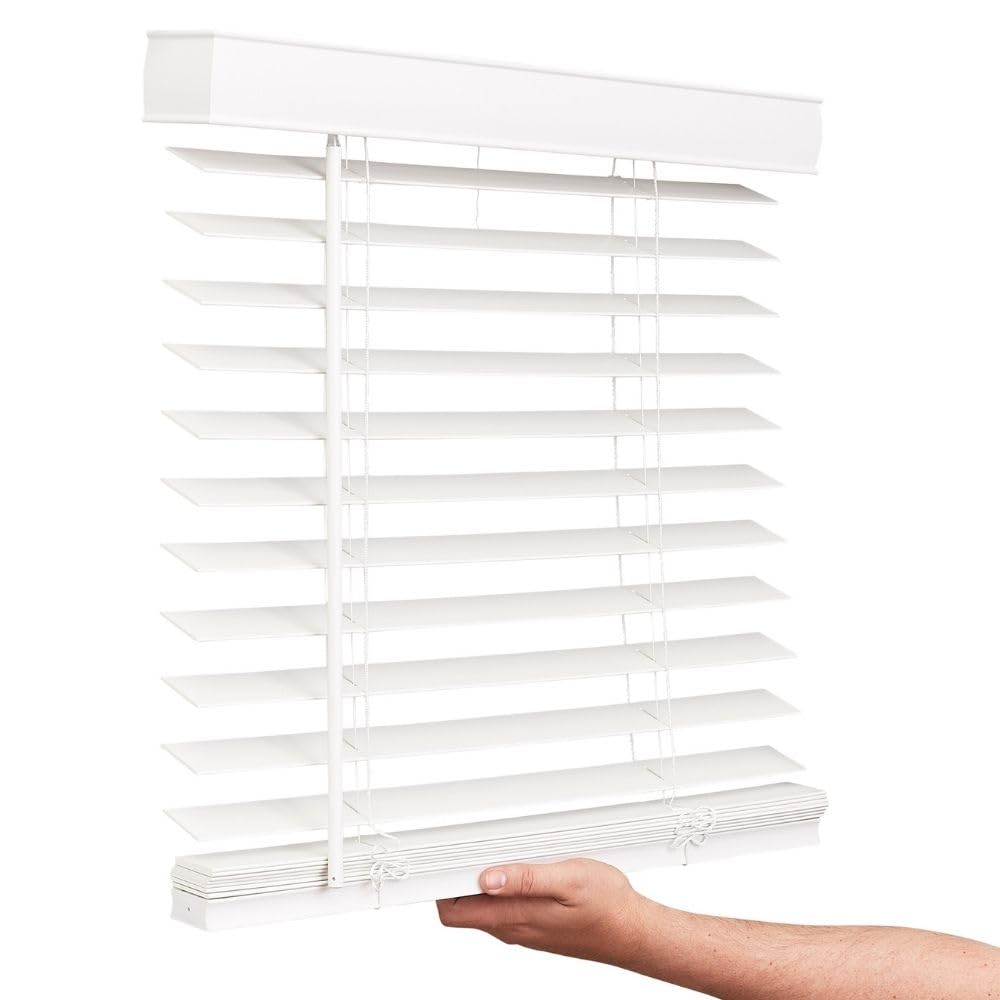 Photo 1 of LOTUS & WINDOWARE Cordless Faux Wood Blinds, 34.5" Wide x 60" Long, Smooth, Snow White, 2 Inch Horizontal Blinds – for Living Room, Bedroom, Interior Door Windows