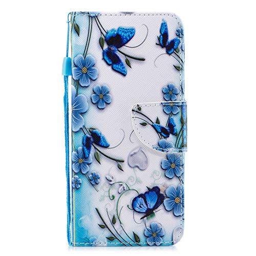 Herzzer Strap Leather Case for Galaxy A6 Plus 2018,Flip Portable Carrying Case for Galaxy A6 Plus 2018, Premium Stylish Blue Butterflies Printed Foldable Folio Pu Leather Stand Cover