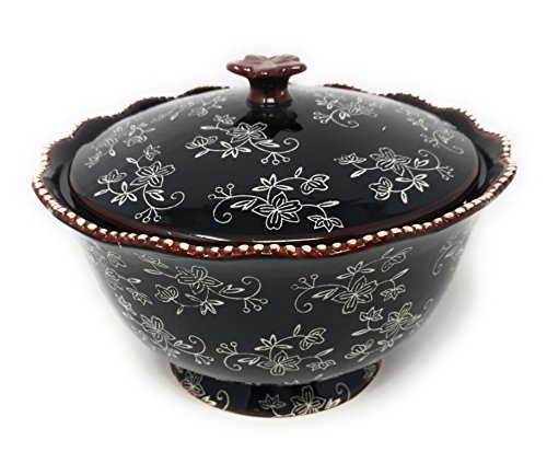 Temp-tations 3 qt Serving Bowl with Lid, Stoneware, Scallop & Flange Edge …(Floral Lace Black) - Thumbnail 2