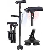 TIRAROME Walking Cane for Men &amp; Women, Smart Cane with Alarm &amp; Light | Adjustable Height, Foldable,Free Standing, All Terrain, Collapsible, Second Handle, Travel Bag, Seniors &amp; Adults