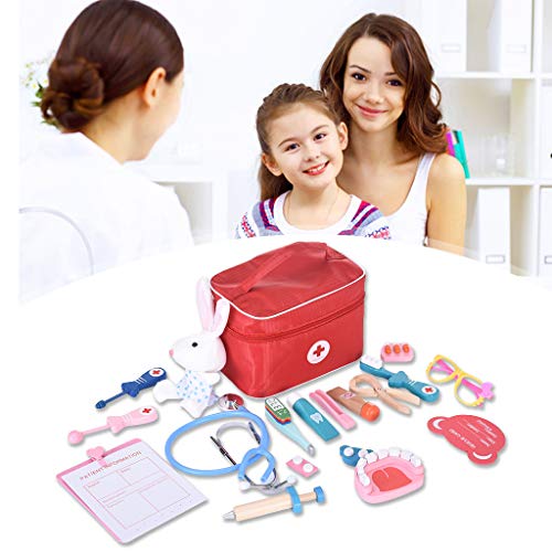 Kids Wooden Doctor Kit | Pretend Play Medical Doctor Set with Stethoscope and Wooden Dentist Tool Toys for Toddlers | Promotes Thinking Skills & Education Gift for Boys & Girls (Red) - Thumbnail 2
