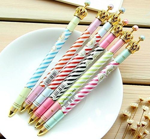 DCDEAL 6Pcs 0.5mm Lovely Cute Stripe Pattern Crown Design Gel Ink Pen Rollerball Pen For School Office Family use Color Ramdon