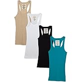 Zenana Outfitters 4 Pack Womens Ribbed Racerback Tank Top Black/White/HBEIGE/Teal M