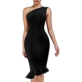 UONBOX Women's One Shoulder Sleeveless Bodycon Dress Midi Mermaid Party Bandage Dress