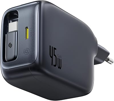 Caricatore USB C da 45 W, Baseus Enercore con cavo USB C, caricatore iPhone iPad, alimentatore di rete per iPhone 17/16/15/14/13/12/11 Pro Max Air, Samsung Galaxy S25, Pixel, cavo estraibile