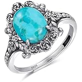 Phyonio Sterling Silver Ring for Women, Romantic Oxidized Flowers with Oval Turquoise, Bohemian Hippie Adjustable Ring Size 5-9