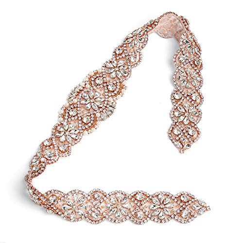Bridal Dress Sash Rose Gold Crystal Applique with Clear Rhinestones for Wedding Belt Bridal Beaded Applique Wedding Applique