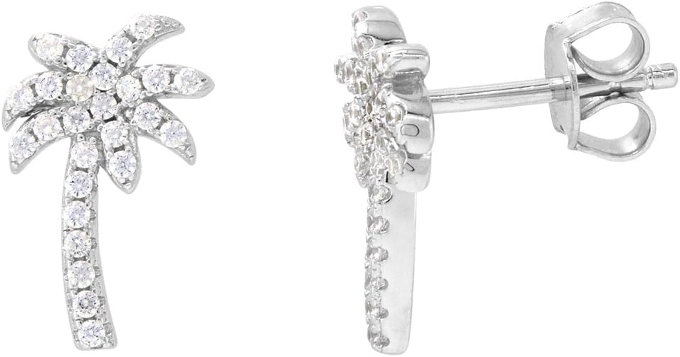 Dainty Sterling Silver Palm Tree Earrings Necklace Set White CZ Micropave Rhodium Plated 1/2 inch (14mm) tall