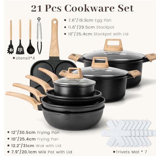 Colourcoco Pots and Pans Sets - 21 Pieces Non Stick Granite Coating Pans with Handles & Lids, Induction-Compatible Cooking Set with Utensils, Pads and Stockpot, Oven Safe