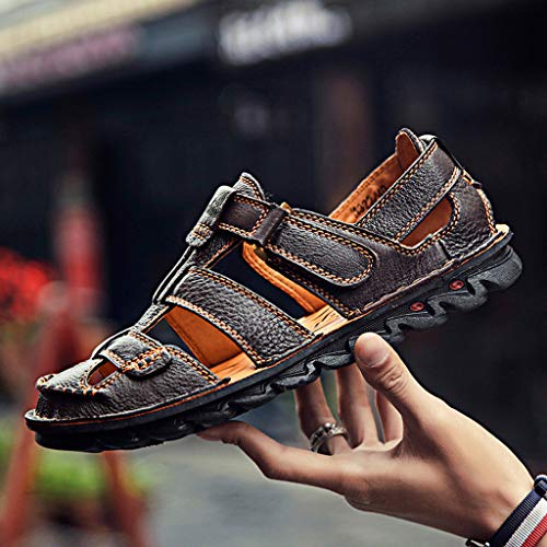Yomiafy Men's Sandals Summer Outdoor Leather Fisherman Shoes Closed Toe Casual Beach Sandals(Brown,US:10.5)