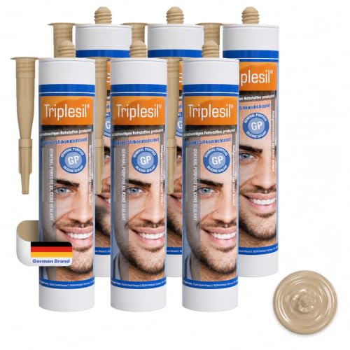 Triplesil Premium Sanitär Silikon 6 x 310 ml Beige– Silikon Dichtstoff für Bad, Küche & Fenster – Wasserdicht – Silikon zum Abdichten Innen & Außen –U