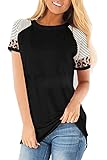 Dressation Women's Short Sleeve Leopard Color Block Shirt Casual Stripe Round Neck T Shirts Blouses Tops