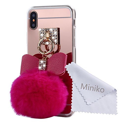 Iphone x mirror case with fur ball for girls, miniko(tm…