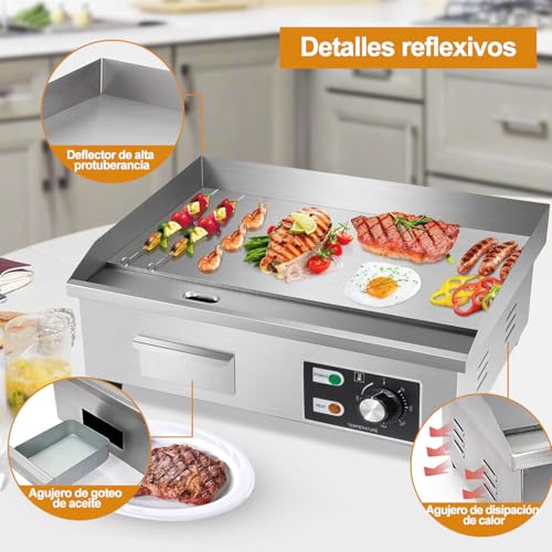 WELIKERA Plancha Eléctrica Comercial de 17 Pulgadas, Inoxidable Plancha de Encimera Eléctrica Industrial, Control de Temperatura Ajustable, Parrilla Plana Eléctrica para Restaurante,110V, 3000W