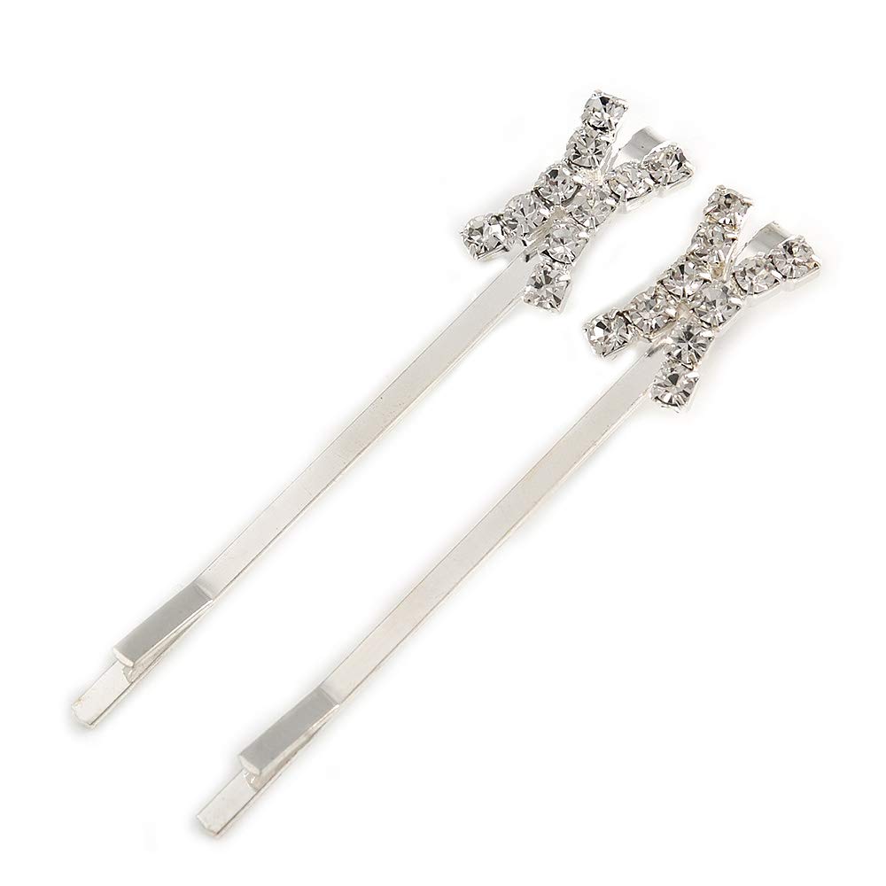 2 Bridal/Prom Crystal 'X' Shape Hair Grips/Slides In Rhodium Plating - 55mm Across