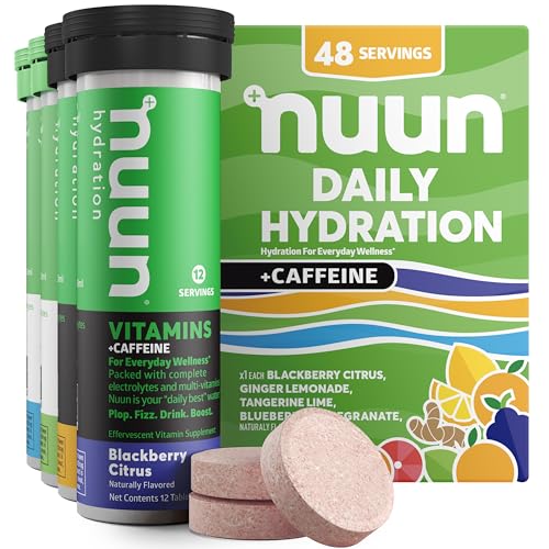 NUUN VITAMINS + CAFFEINE ELECTROLYTE TABLETS WITH VITAMIN D, C, E, A, & B6, FOLIC ACID, MAGNESIUM & 4 OTHER ESSENTIAL ELECTROLYTES, GLUTEN FREE & VEGAN, BLUEBERRY CITRUS