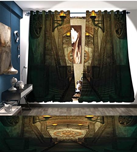 RuppertTextile Arrow Window Curtain Drape Medieval Passage with Torch and Golden Clock on Wall Mystery in Temple Print Decorative Curtains For Living Room Beige Emerald