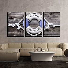 3 Piece Canvas Wall Art - Maritime Decoration - Life Belt on Wooden - Modern Home Art Stretched and Framed Ready to Hang - 16"x24"x3 Panels